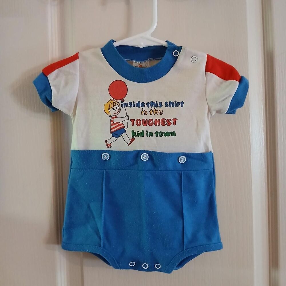Rare 60s/70s Vintage Kricket Tee "Toughest Kid in Town" Graphic Baby Romper 0-6m